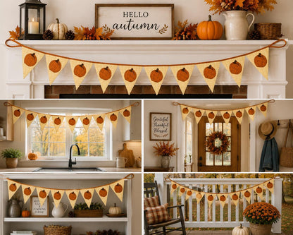 Fall Pumpkin Bunting Banner Plaid Fabric Pennant Garland, Rustic Autumn Thanksgiving Harvest Decoration by HOME HEART Brands (Made in India)