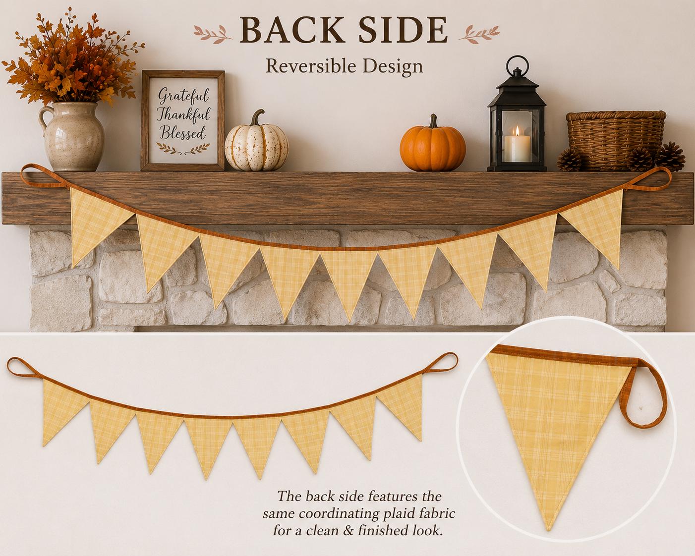 Fall Pumpkin Bunting Banner Plaid Fabric Pennant Garland, Rustic Autumn Thanksgiving Harvest Decoration by HOME HEART Brands (Made in India)