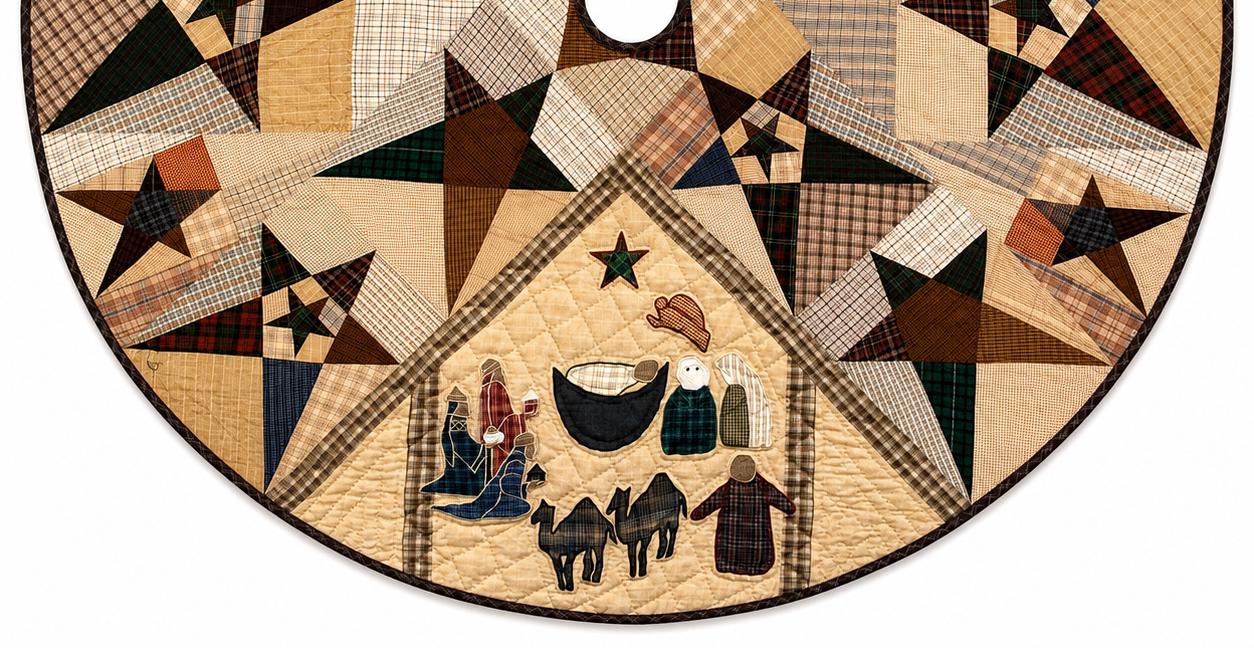 Christmas tree skirt Primitive Star Nativity 60 Inch, Hand Quilted Farmhouse Tree Skirt, Rustic Plaid Holiday Decor by HOME HEART Brands