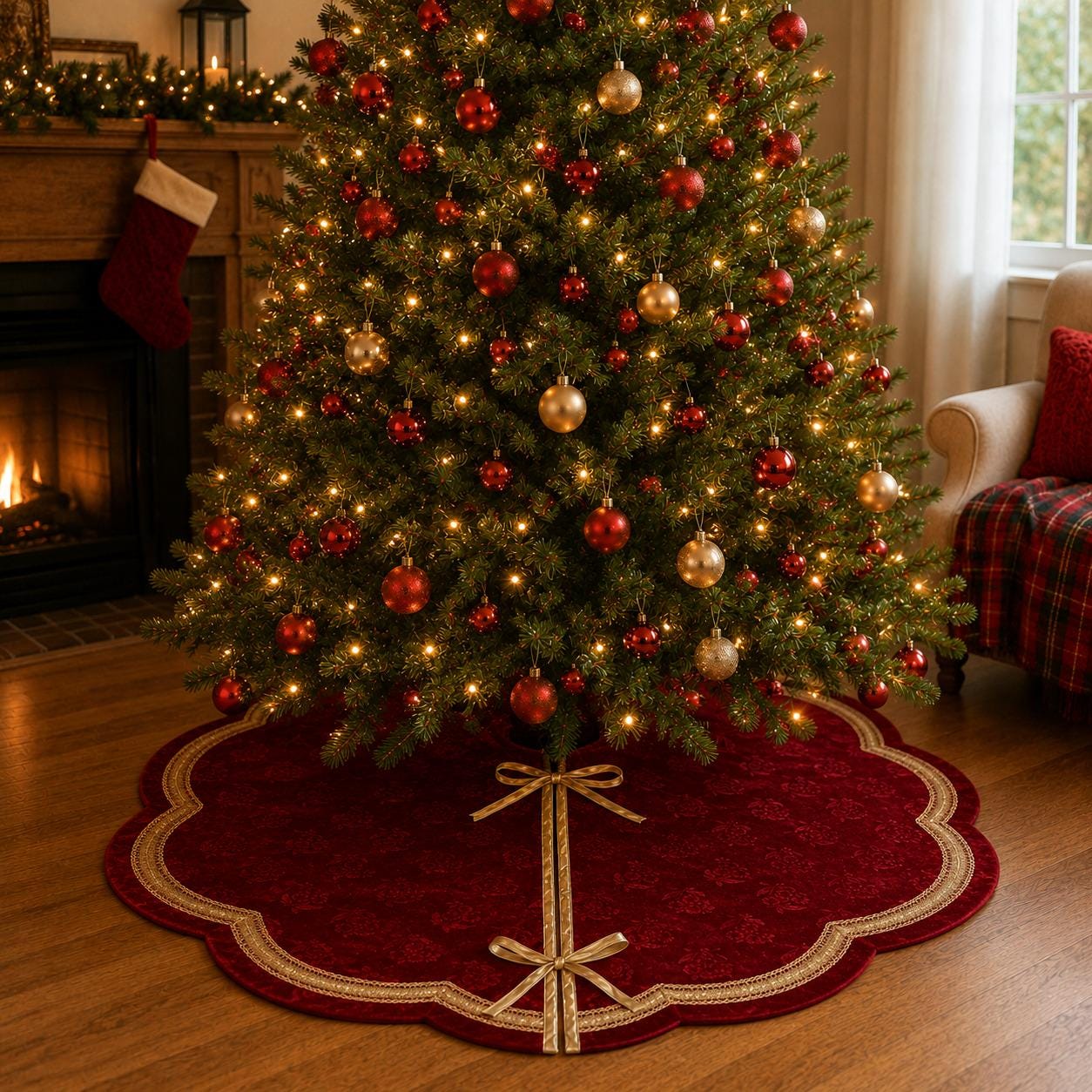 Elegant Red Floral Velvet Christmas Tree Skirt, Scalloped Tree Skirt with Champagne Trim, Luxury Holiday Tree Decor by HOME HEART Brands