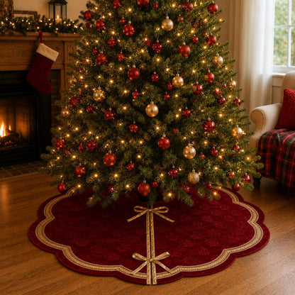 Elegant Red Floral Velvet Christmas Tree Skirt, Scalloped Tree Skirt with Champagne Trim, Luxury Holiday Tree Decor by HOME HEART Brands