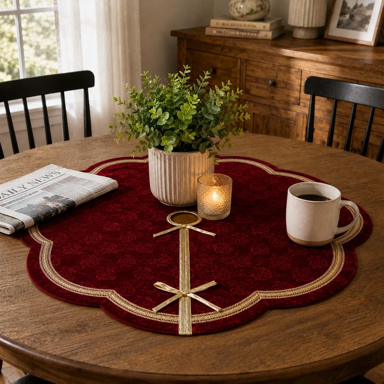 Elegant Red Floral Velvet Christmas Tree Skirt, Scalloped Tree Skirt with Champagne Trim, Luxury Holiday Tree Decor by HOME HEART Brands