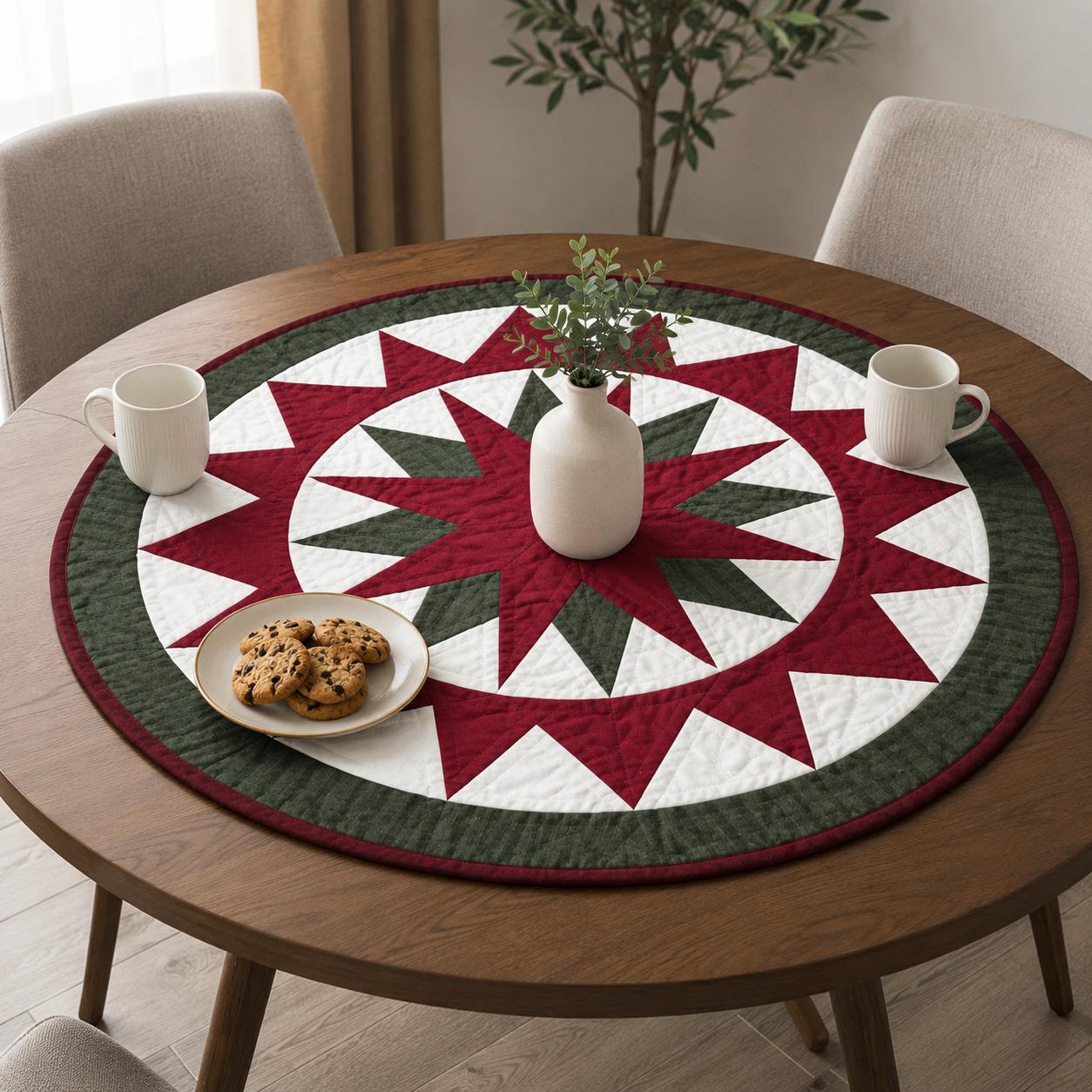 Hand made Hand quilted round Table Topper Rustic Christmas Compass Star Round by Home Heart brands (Made in India)