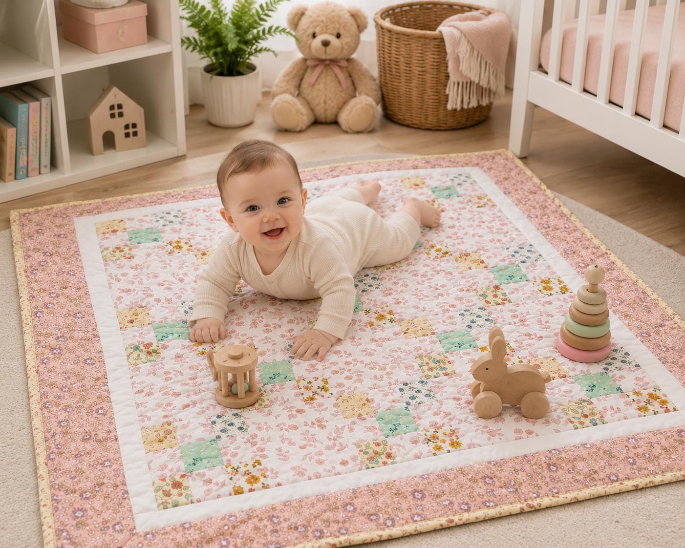 English Garden Irish Chain Baby Quilt, Handmade Cotton Floral Patchwork Nursery Blanket, Heirloom Crib Quilt, Toddler Bed Quilt