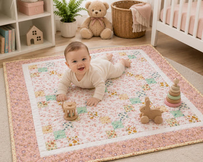 English Garden Irish Chain Baby Quilt, Handmade Cotton Floral Patchwork Nursery Blanket, Heirloom Crib Quilt, Toddler Bed Quilt