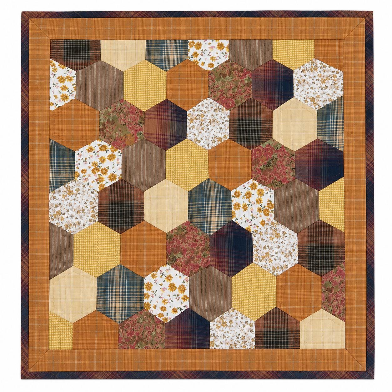 Autumn Hexagon Hand Quilted Table Topper Primitive Farmhouse Fall Centerpiece Honeycomb Patchwork Quilt Mat Rustic Thanksgiving Table Decor