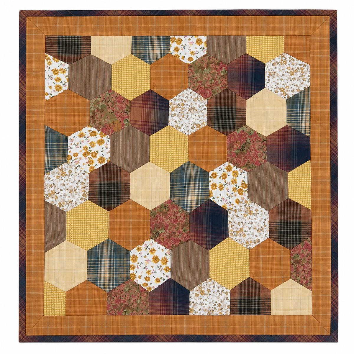 Autumn Hexagon Hand Quilted Table Topper Primitive Farmhouse Fall Centerpiece Honeycomb Patchwork Quilt Mat Rustic Thanksgiving Table Decor