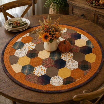 Autumn Hexagon Hand Quilted Table Topper Primitive Farmhouse Fall Centerpiece Honeycomb Patchwork Quilt Mat Rustic Thanksgiving Table Decor