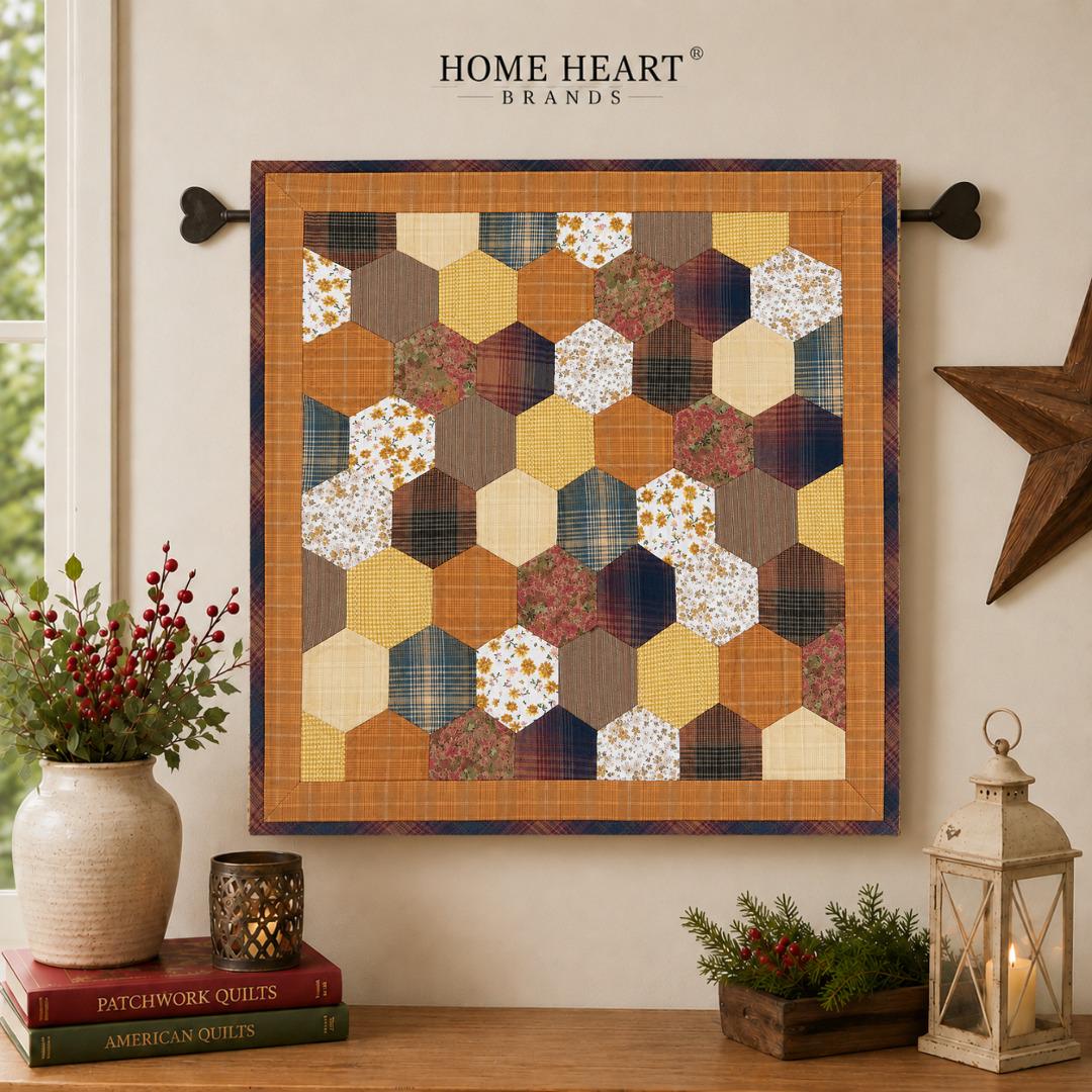 Autumn Hexagon Hand Quilted Table Topper Primitive Farmhouse Fall Centerpiece Honeycomb Patchwork Quilt Mat Rustic Thanksgiving Table Decor