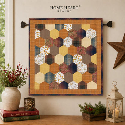 Autumn Hexagon Hand Quilted Table Topper Primitive Farmhouse Fall Centerpiece Honeycomb Patchwork Quilt Mat Rustic Thanksgiving Table Decor