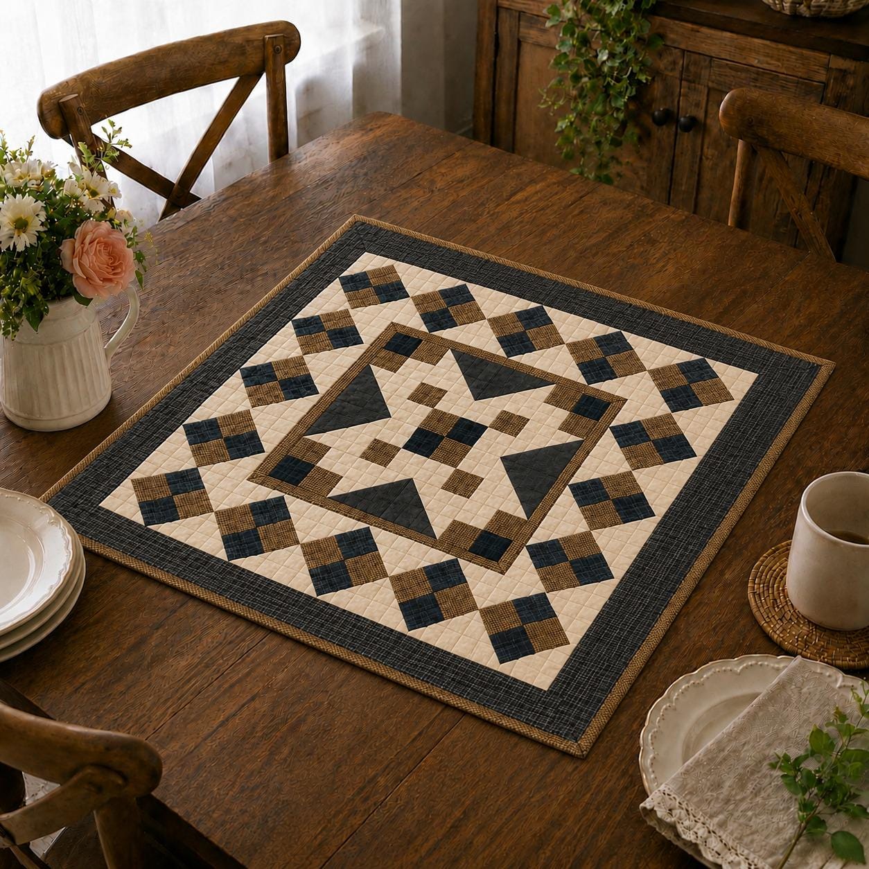 Hand quilted Primitive Diamond Star Patchwork Table Topper Farmhouse Mat Wall Hanging Handmade Quilt Decor by Home Heart (Made in India)