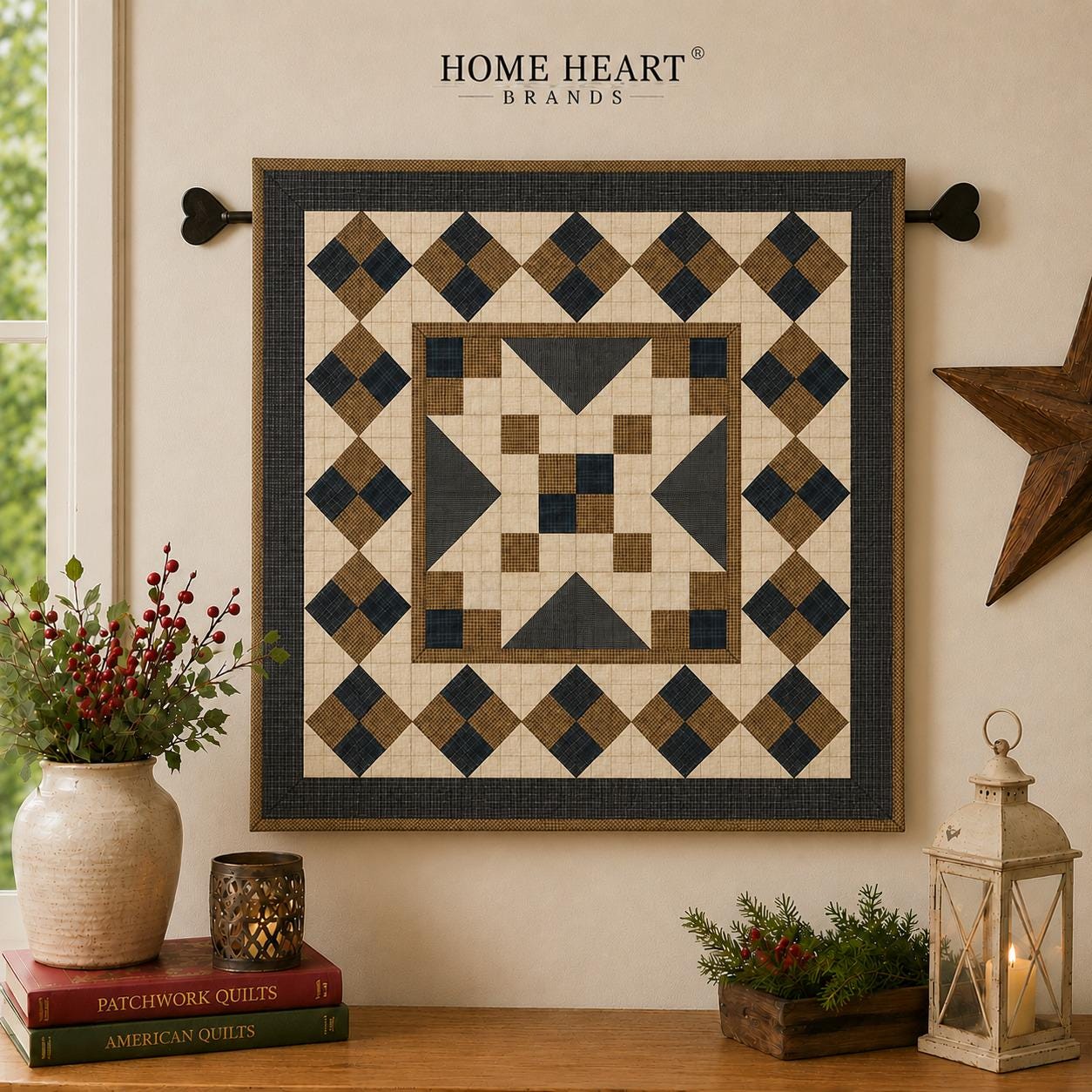 Hand quilted Primitive Diamond Star Patchwork Table Topper Farmhouse Mat Wall Hanging Handmade Quilt Decor by Home Heart (Made in India)