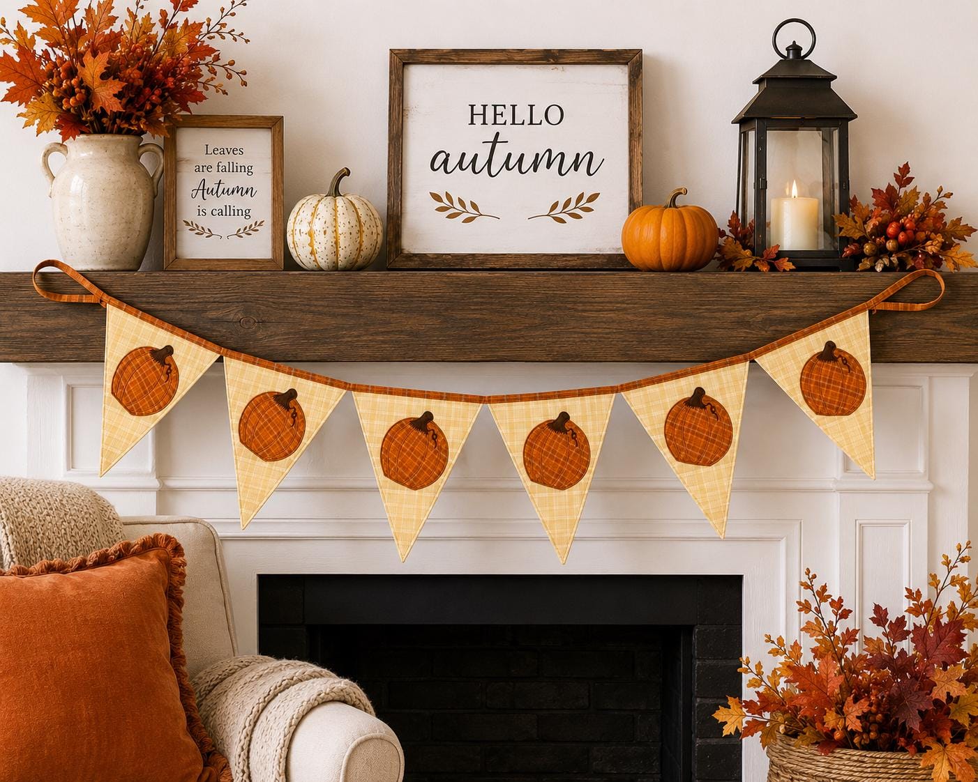 Fall Pumpkin Bunting Banner Plaid Fabric Pennant Garland, Rustic Autumn Thanksgiving Harvest Decoration by HOME HEART Brands (Made in India)