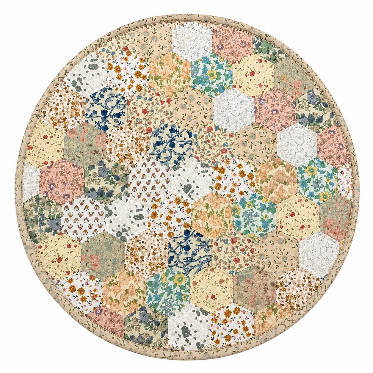 English Garden Hexagon Quilted Table Topper Handmade Floral Patchwork Wallhanging quilt Centerpiece by Home Heart Brands (Made in India)
