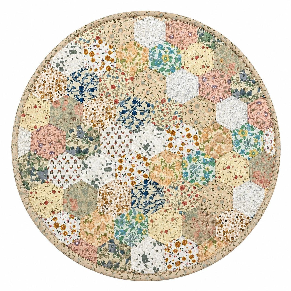 English Garden Hexagon Quilted Table Topper Handmade Floral Patchwork Wallhanging quilt Centerpiece by Home Heart Brands (Made in India)