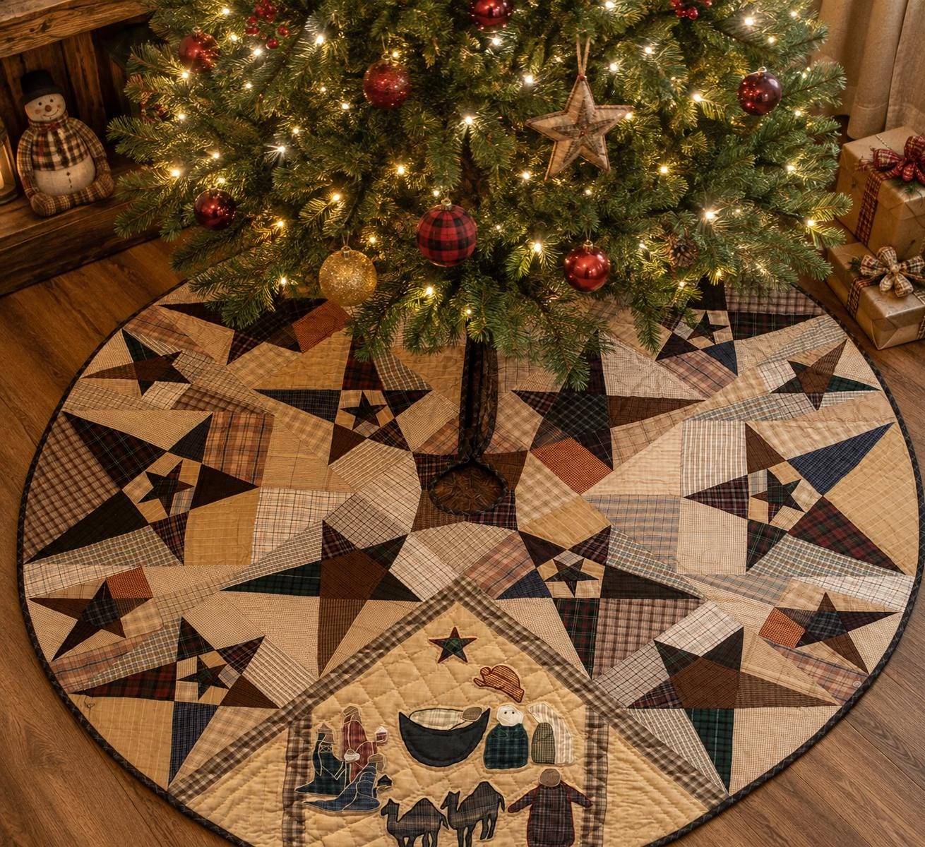 Christmas tree skirt Primitive Star Nativity 60 Inch, Hand Quilted Farmhouse Tree Skirt, Rustic Plaid Holiday Decor by HOME HEART Brands