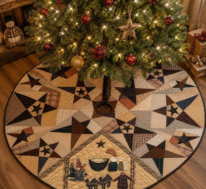 Christmas tree skirt Primitive Star Nativity 60 Inch, Hand Quilted Farmhouse Tree Skirt, Rustic Plaid Holiday Decor by HOME HEART Brands