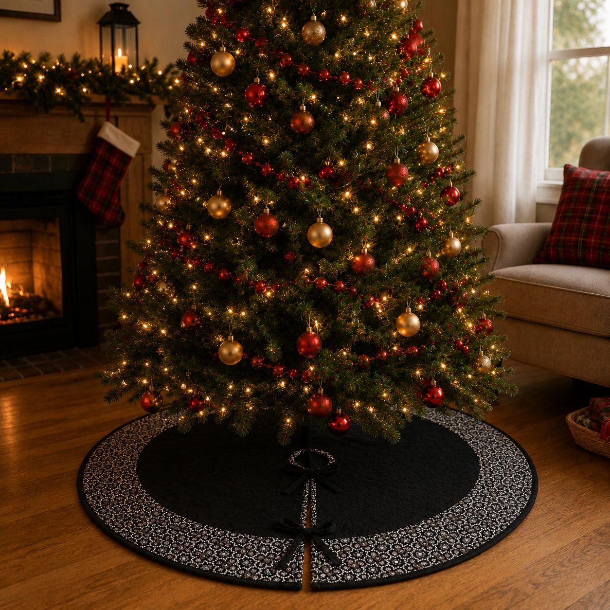 Luxury Black Velvet Christmas Tree Skirt, Embroidered Floral Border, Holiday Tree Mat, Christmas Decor, by HOME HEART Brands(Made in India)