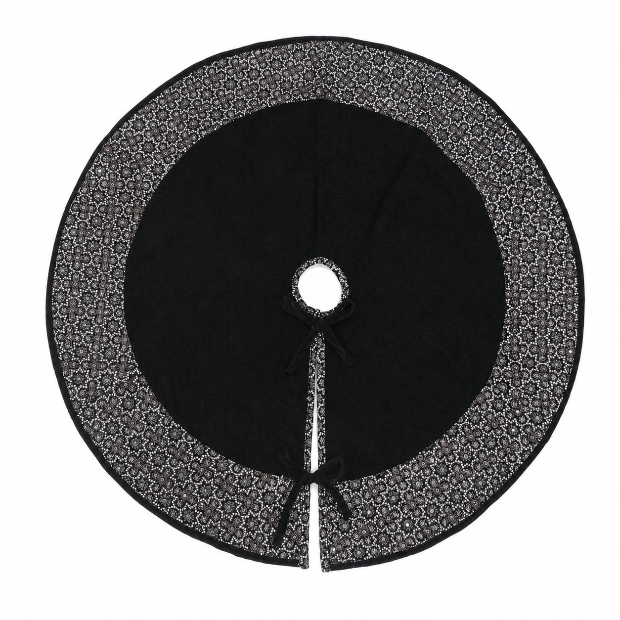 Luxury Black Velvet Christmas Tree Skirt, Embroidered Floral Border, Holiday Tree Mat, Christmas Decor, by HOME HEART Brands(Made in India)
