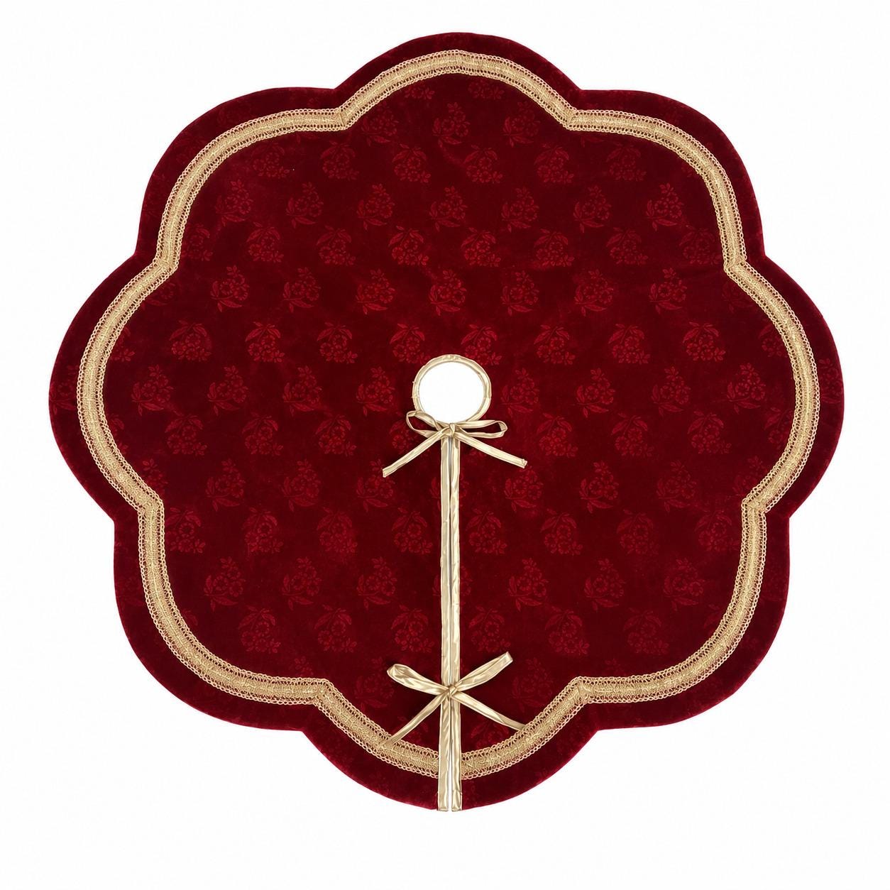 Elegant Red Floral Velvet Christmas Tree Skirt, Scalloped Tree Skirt with Champagne Trim, Luxury Holiday Tree Decor by HOME HEART Brands