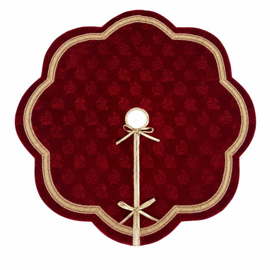 Elegant Red Floral Velvet Christmas Tree Skirt, Scalloped Tree Skirt with Champagne Trim, Luxury Holiday Tree Decor by HOME HEART Brands