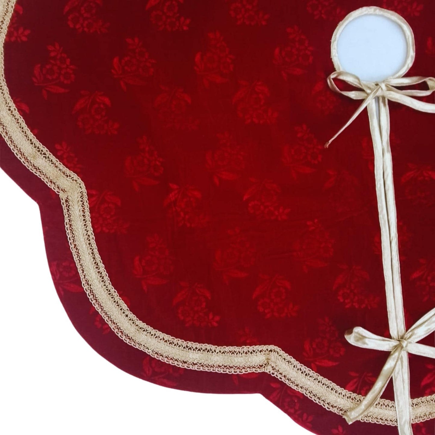 Elegant Red Floral Velvet Christmas Tree Skirt, Scalloped Tree Skirt with Champagne Trim, Luxury Holiday Tree Decor by HOME HEART Brands