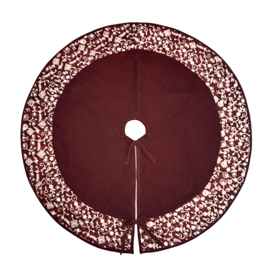 Luxury Burgundy Velvet Christmas Tree Skirt, Embroidered Floral Border, Holiday Tree Mat, Elegant Christmas Decor, HOME HEART Brands