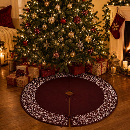 Luxury Burgundy Velvet Christmas Tree Skirt, Embroidered Floral Border, Holiday Tree Mat, Elegant Christmas Decor, HOME HEART Brands