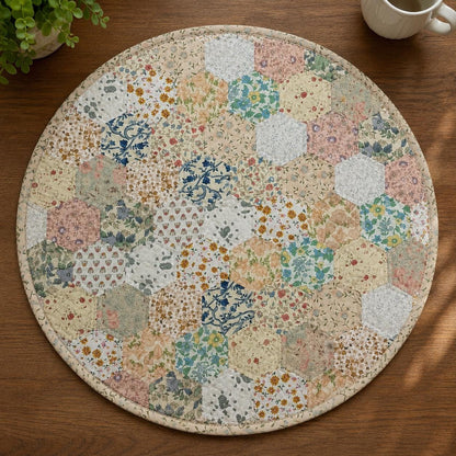 English Garden Hexagon Quilted Table Topper Handmade Floral Patchwork Wallhanging quilt Centerpiece by Home Heart Brands (Made in India)