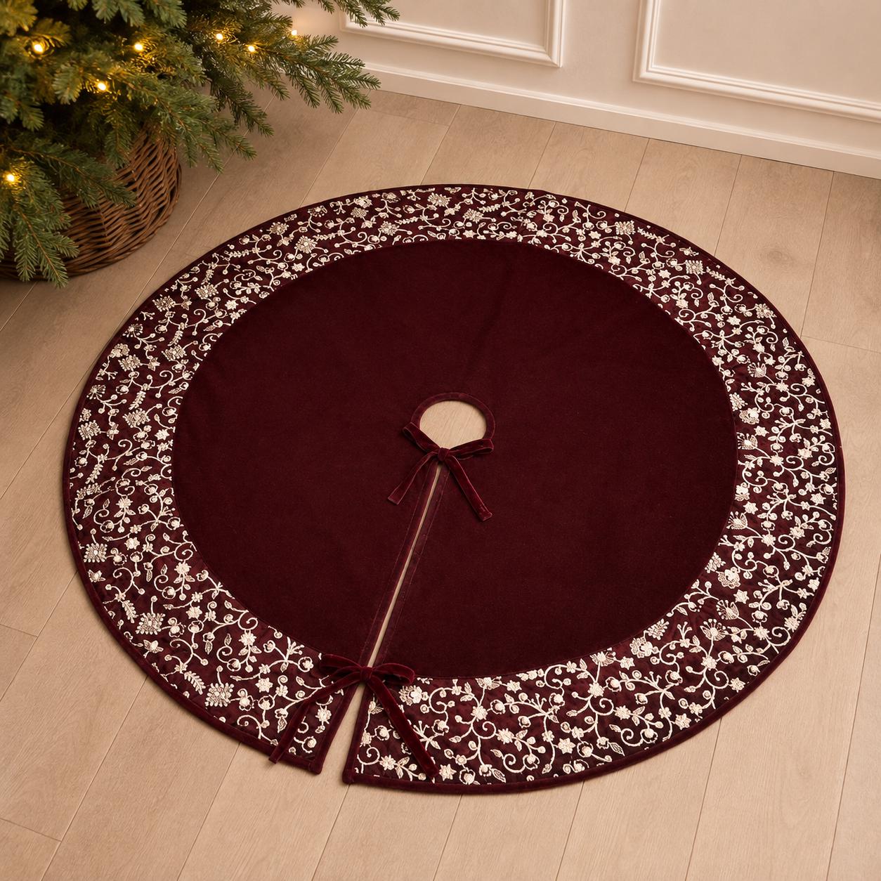 Luxury Burgundy Velvet Christmas Tree Skirt, Embroidered Floral Border, Holiday Tree Mat, Elegant Christmas Decor, HOME HEART Brands