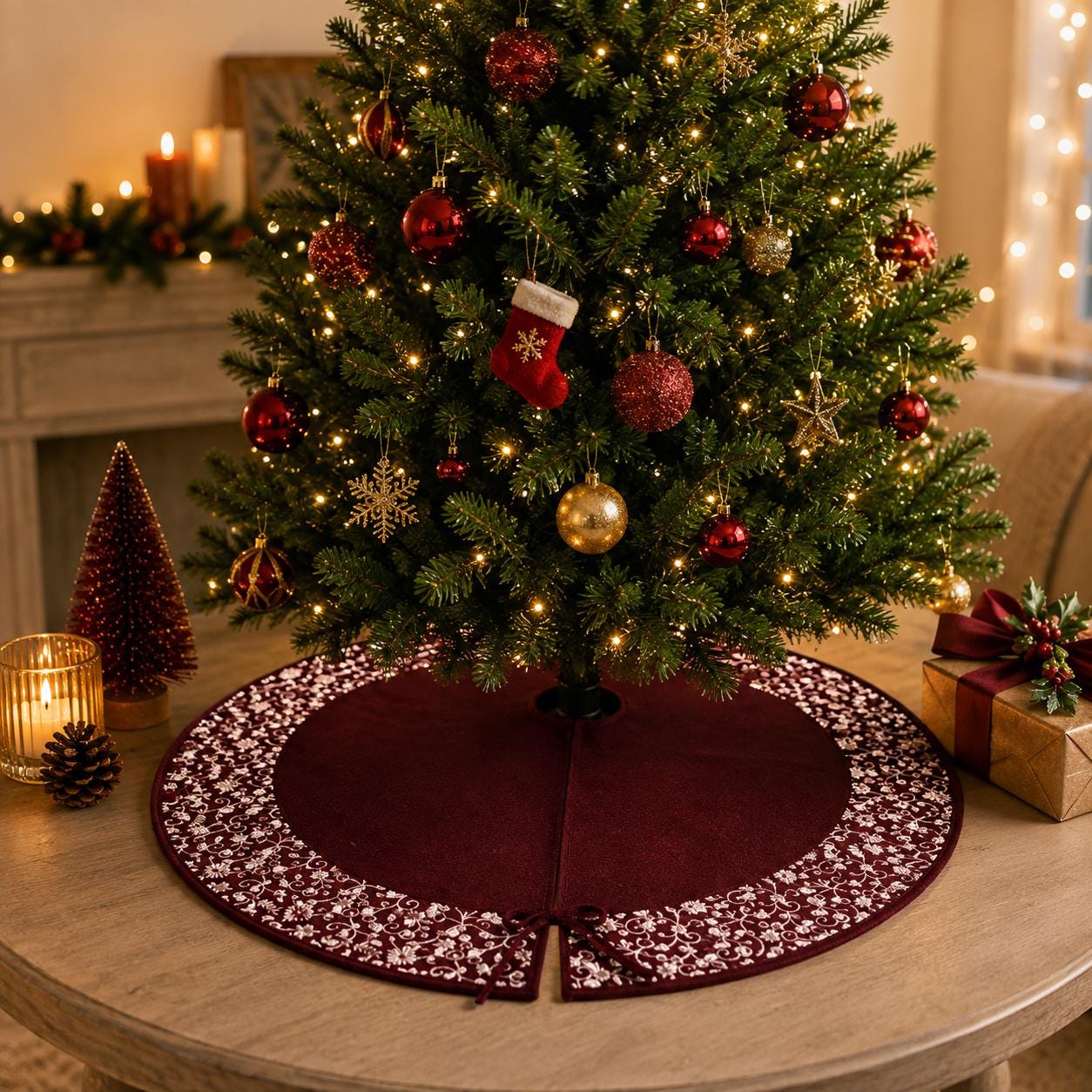 Luxury Burgundy Velvet Christmas Tree Skirt, Embroidered Floral Border, Holiday Tree Mat, Elegant Christmas Decor, HOME HEART Brands