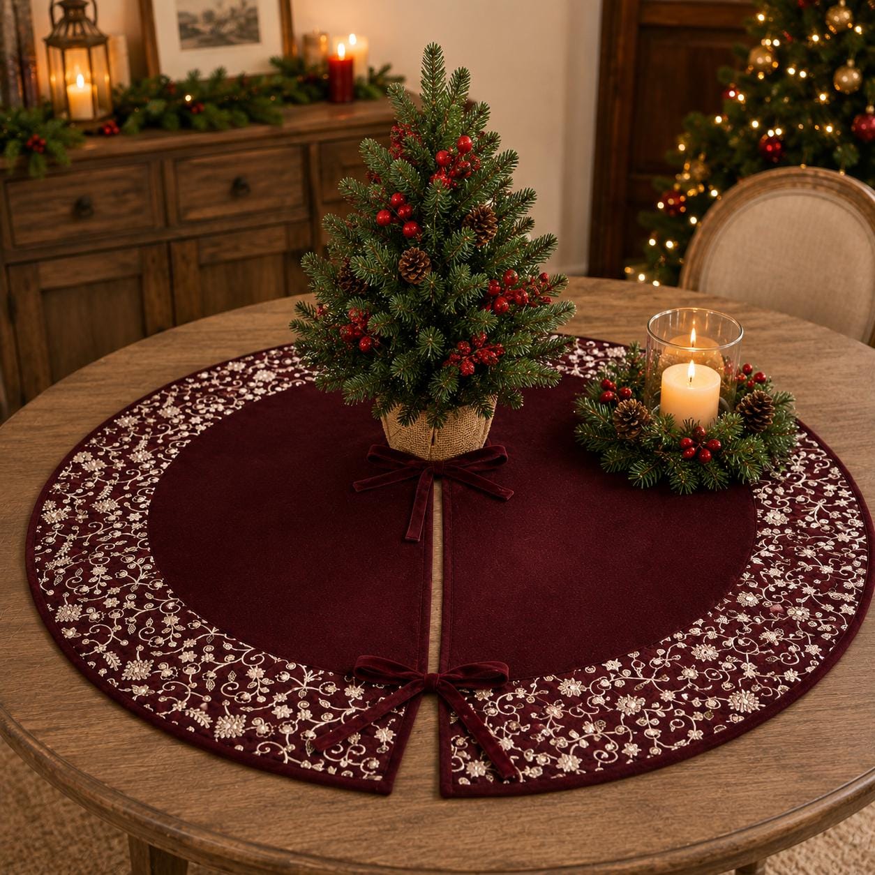 Luxury Burgundy Velvet Christmas Tree Skirt, Embroidered Floral Border, Holiday Tree Mat, Elegant Christmas Decor, HOME HEART Brands
