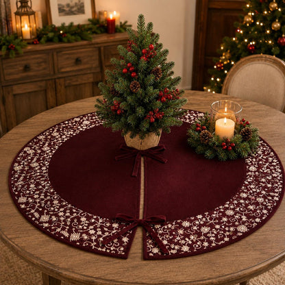 Luxury Burgundy Velvet Christmas Tree Skirt, Embroidered Floral Border, Holiday Tree Mat, Elegant Christmas Decor, HOME HEART Brands