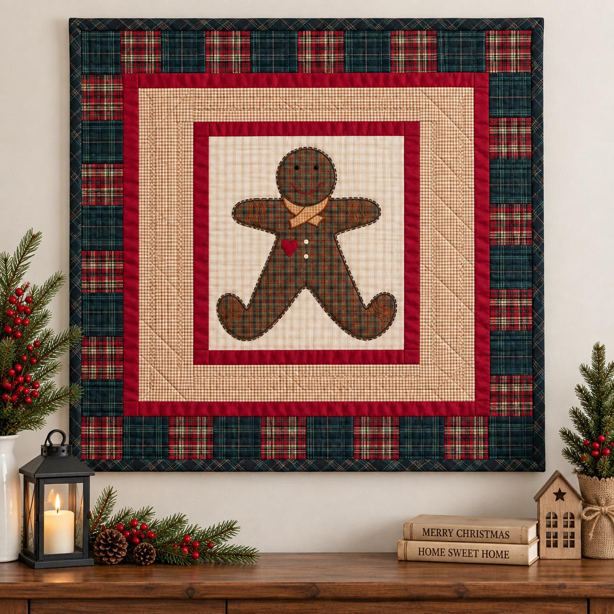 Hand made Hand quilted Throw Quilt, Table Topper 20"x20" ginger man quilt by Home Heart brands (Made in India)