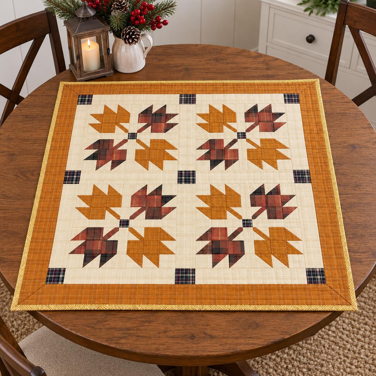 Hand made hand quilted quilt, table accent piece, Table topper Autumn leaves plaid fall quilt Cotton Heirloom Quality by HOME HEART Brands