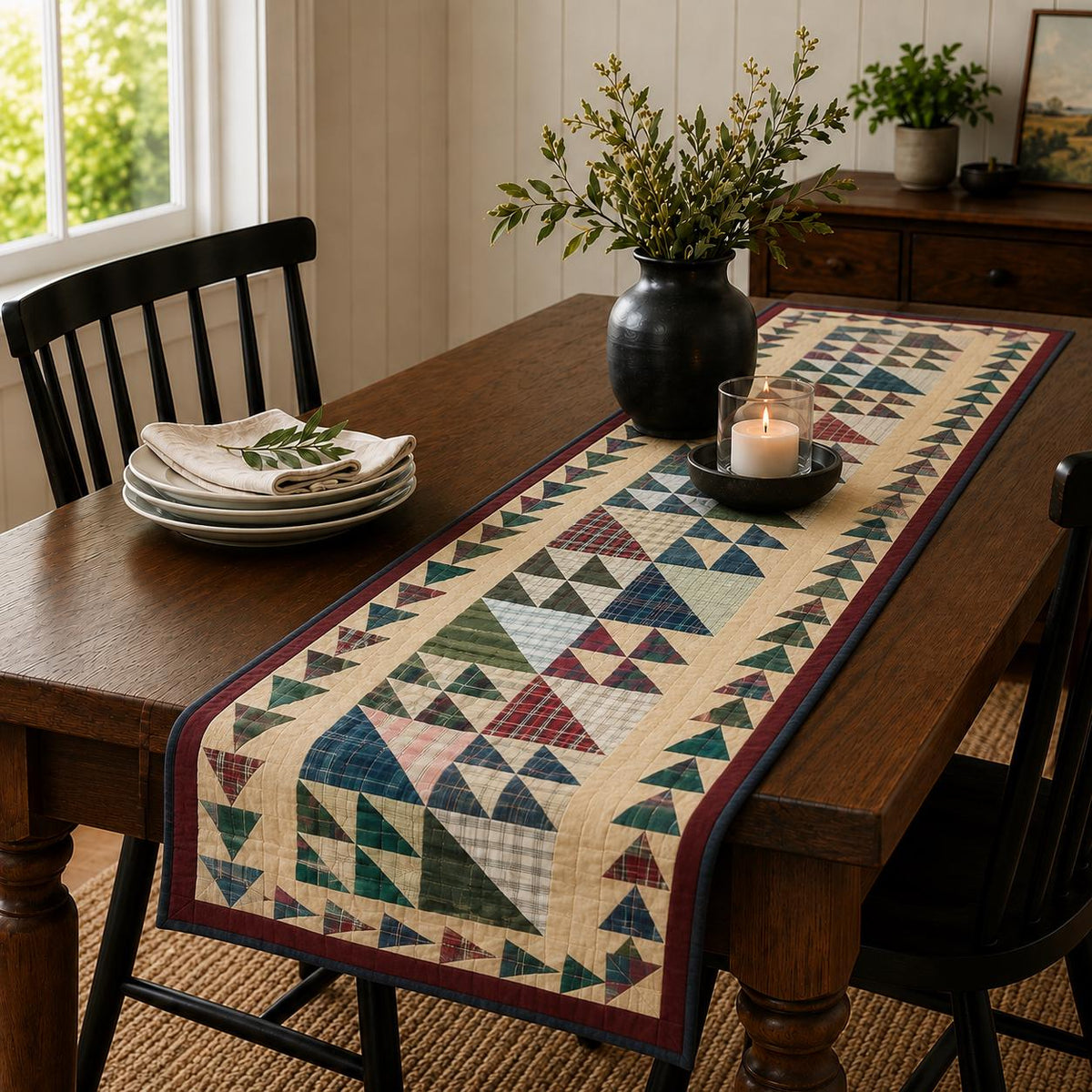 Flat Flying geese Plaid Patchwork Table Runner 16x75 Inch, Hand Quilted Without Batting (No Padding), Primitive Fall Farmhouse Table Runner