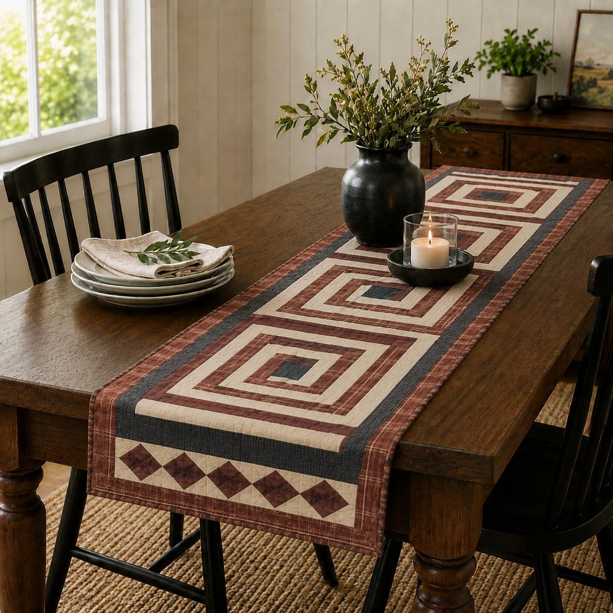 Flat Primitive Plaid Patchwork Table Runner, Hand Quilted Burgundy Charcoal Cream Farmhouse 16x75 Inch, Without Batting (No Padding)