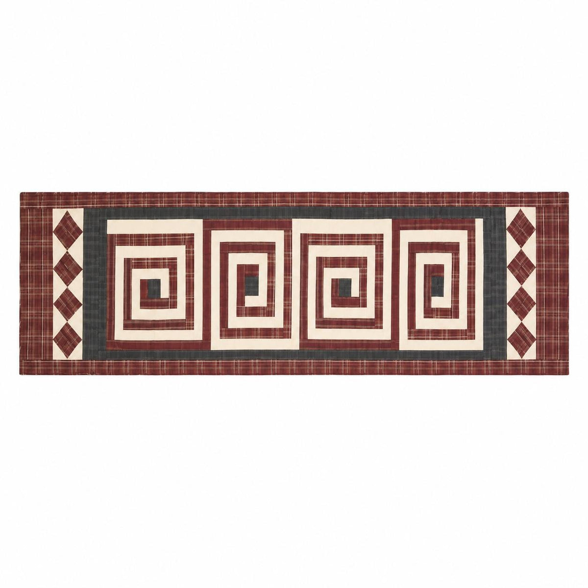 Flat Primitive Plaid Patchwork Table Runner, Hand Quilted Burgundy Charcoal Cream Farmhouse 16x75 Inch, Without Batting (No Padding)