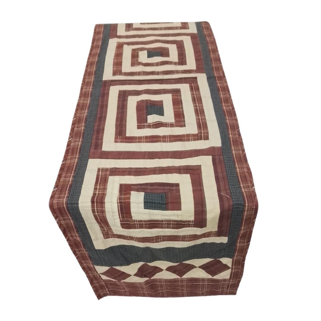 Flat Primitive Plaid Patchwork Table Runner, Hand Quilted Burgundy Charcoal Cream Farmhouse 16x75 Inch, Without Batting (No Padding)