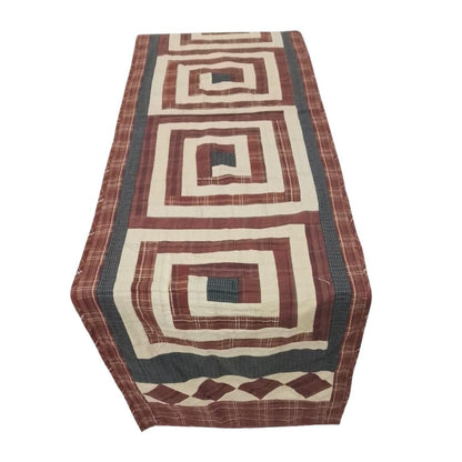 Flat Primitive Plaid Patchwork Table Runner, Hand Quilted Burgundy Charcoal Cream Farmhouse 16x75 Inch, Without Batting (No Padding)