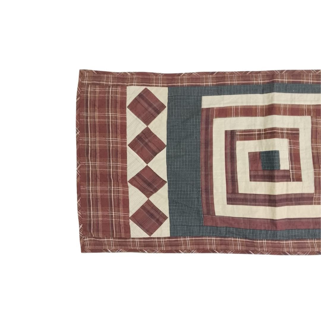 Flat Primitive Plaid Patchwork Table Runner, Hand Quilted Burgundy Charcoal Cream Farmhouse 16x75 Inch, Without Batting (No Padding)