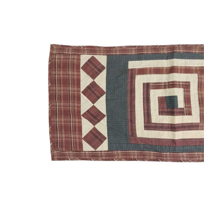 Flat Primitive Plaid Patchwork Table Runner, Hand Quilted Burgundy Charcoal Cream Farmhouse 16x75 Inch, Without Batting (No Padding)