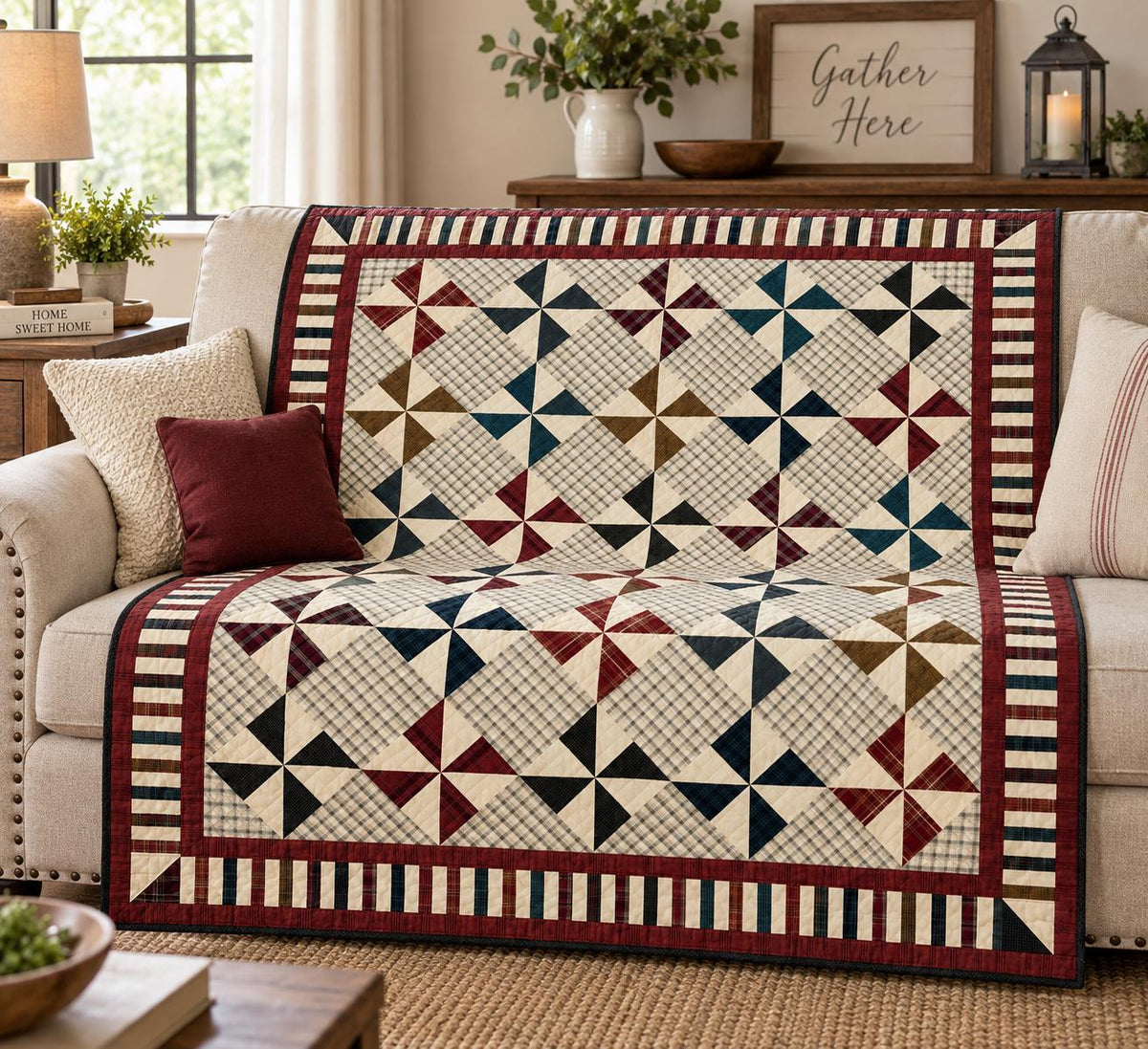 Primitive Patchwork Quilt 48x48 Inch, Handmade Lap Quilt, Rustic country Plaid Pinwheel Throw baby quilt Home Heart brands (Made in India)
