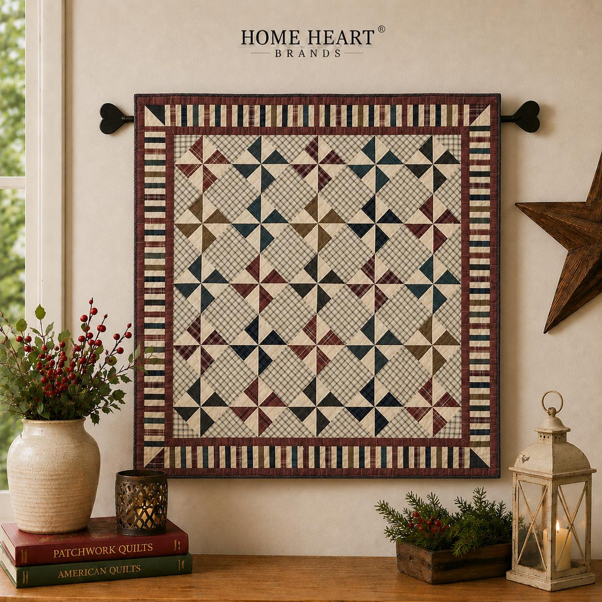 Primitive Patchwork Quilt 48x48 Inch, Handmade Lap Quilt, Rustic country Plaid Pinwheel Throw baby quilt Home Heart brands (Made in India)