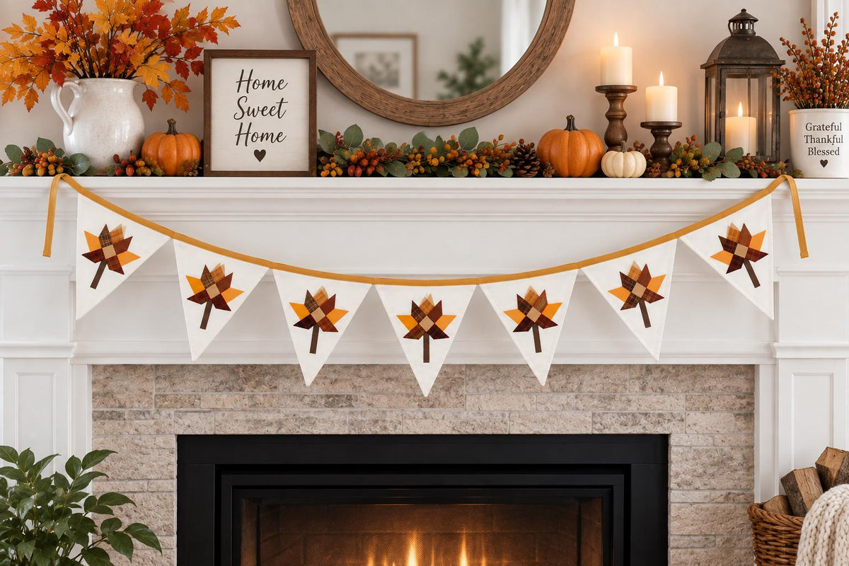 Primitive Autumn Patchwork Bunting Garland, Farmhouse Fall Pennant Banner, Rustic Thanksgiving Decor by HOME HEART Brands (Made in India)