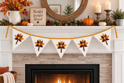 Primitive Autumn Patchwork Bunting Garland, Farmhouse Fall Pennant Banner, Rustic Thanksgiving Decor by HOME HEART Brands (Made in India)
