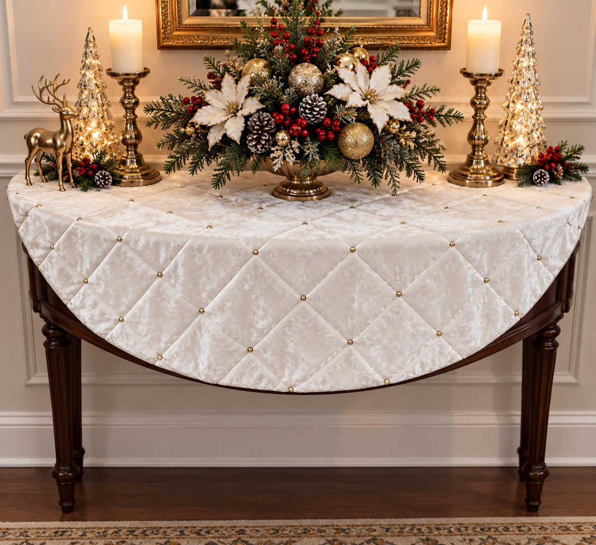 Snow White Velvet Quilted Table Topper, Beaded Christmas Tablecloth, Elegant Holiday Decor, White Round Table Cover, Handmade by HOME HEART