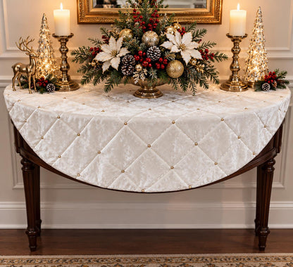 Snow White Velvet Quilted Table Topper, Beaded Christmas Tablecloth, Elegant Holiday Decor, White Round Table Cover, Handmade by HOME HEART