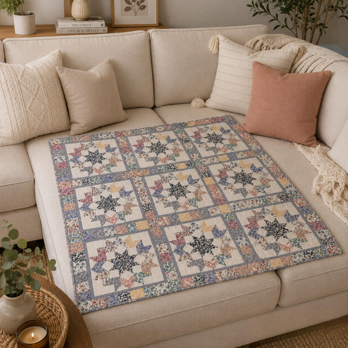 Hand made Calico Floral North Star 44"x44" country Cotton Hand Quilted patchwork Wall hanging & Toppers, baby quilt by HOME HEART Brands