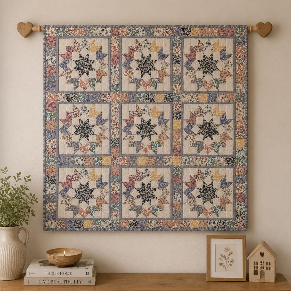 Hand made Calico Floral North Star 44"x44" country Cotton Hand Quilted patchwork Wall hanging & Toppers, baby quilt by HOME HEART Brands